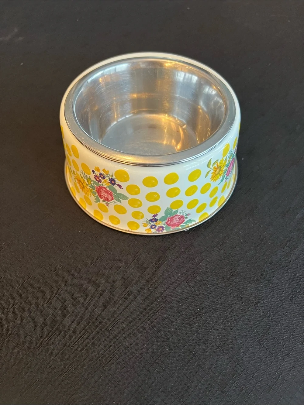 MacKenzie Childs Polka Dot Floral Pet Bowl with Two Silver Metal Inserts